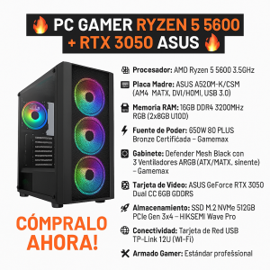 PC Gamer Ryzen 5 5600 + RTX 3050 ASUS | 16GB RAM RGB + SSD 512GB