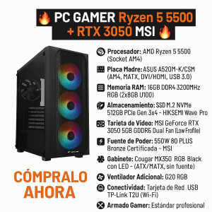 PC Gamer Ryzen 5 5500 + RTX 3050 MSI | 16GB RGB + SSD 512GB