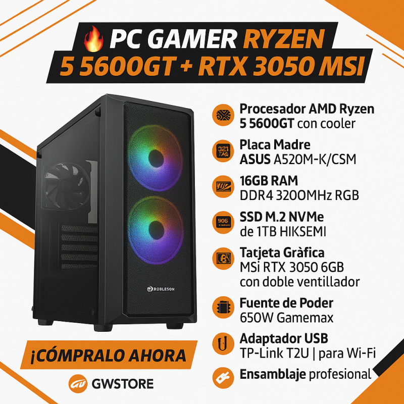PC Gamer Ryzen 5 5600GT + RTX 3050 | 16GB RGB + 1TB NVMe SSD