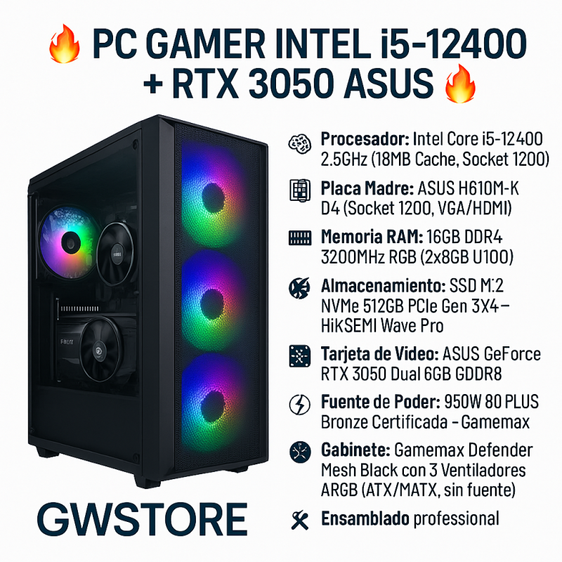 PC Gamer i5-12400 + RTX 3050 ASUS | 16GB RGB + SSD 512GB NVMe PC Gamer i5-12400 + RTX 3050 ASUS | 16GB RGB + SSD 512GB NVMe