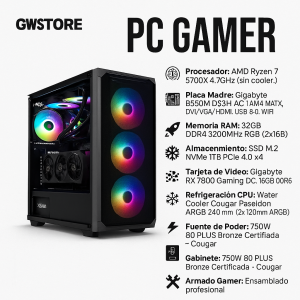 PC Gamer Ryzen 7 5700X + RX 7800 16GB | 32GB RAM + SSD 1TB | WC RGB