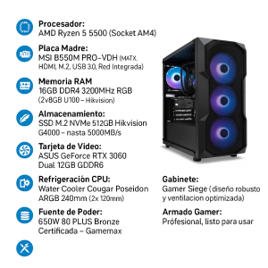 PC Gamer Ryzen 5 5500 + RTX 3060 12GB | 16GB RGB + SSD 512GB | WC ARGB