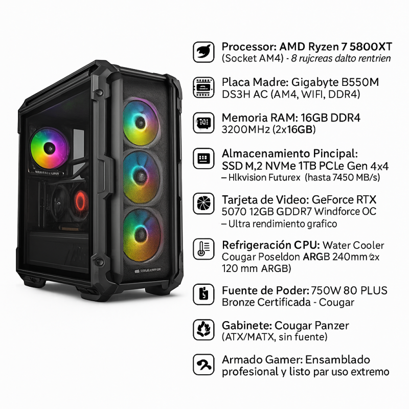 PC Gamer Ryzen 7 5800XT + RTX 5070 | 32GB RAM + SSD 1TB + Backup 2TB
