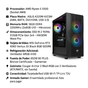 PC Gamer Ryzen 5 5500 + RTX 4060 | 16GB RAM + SSD 512GB | WiFi + RGB